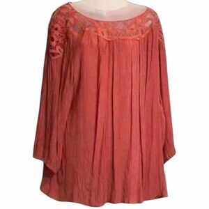 Zac Rachel Peasant Blouse Crochet Trim Tunic Boho 3X Coral Womens Top Spring